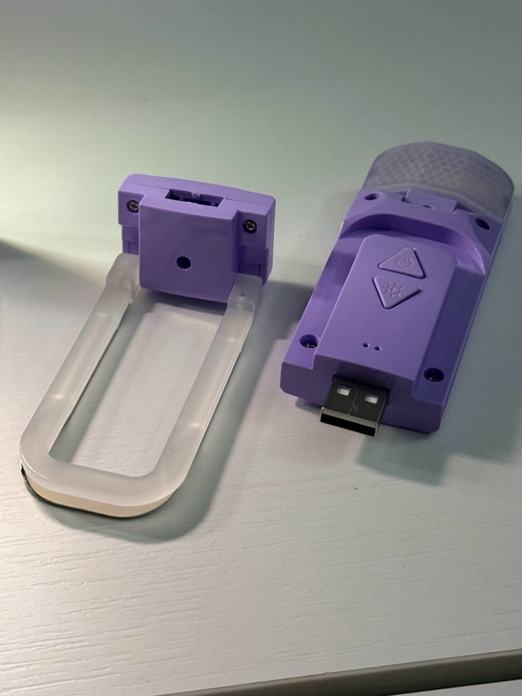 Ever After Creations portable lavender LED task light with foldable stand and built-in USB charging connector